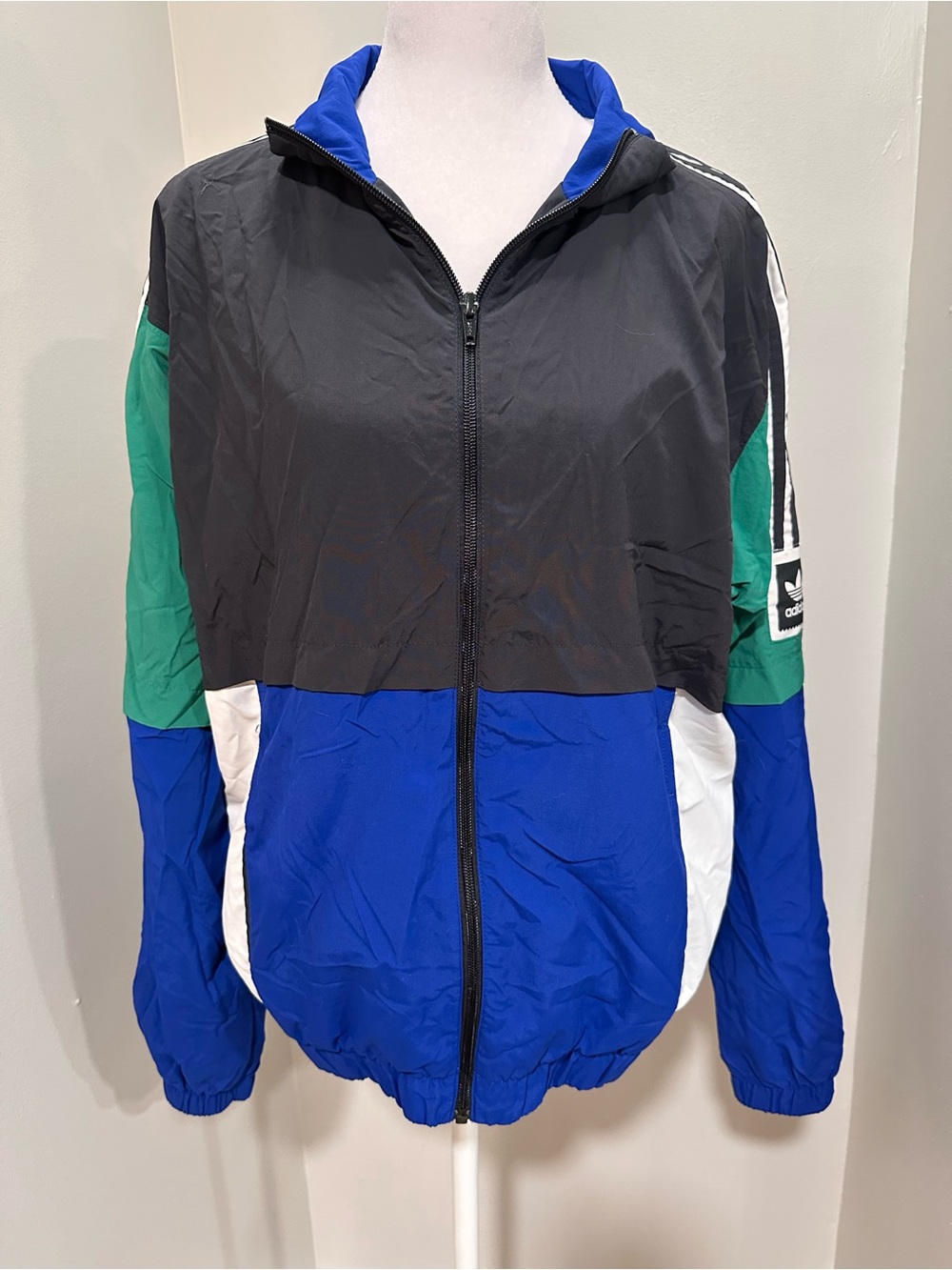 Adidas Blue Black Green Colorblock Windbreaker Jacket Mens Small Sporty Zip